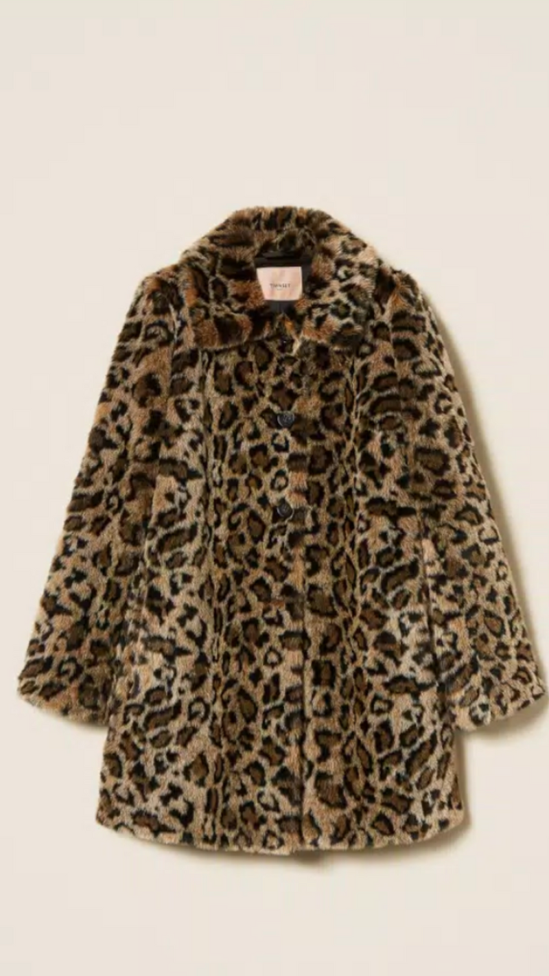 Animal print faux fur coat