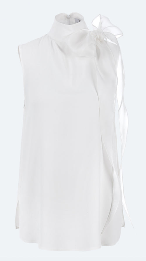 Silky Crepe Blouse with Bow- Off White