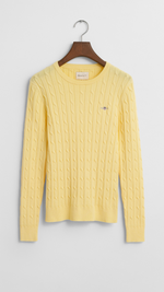 Stretch Cotton Cable Knit Crew Neck Sweater