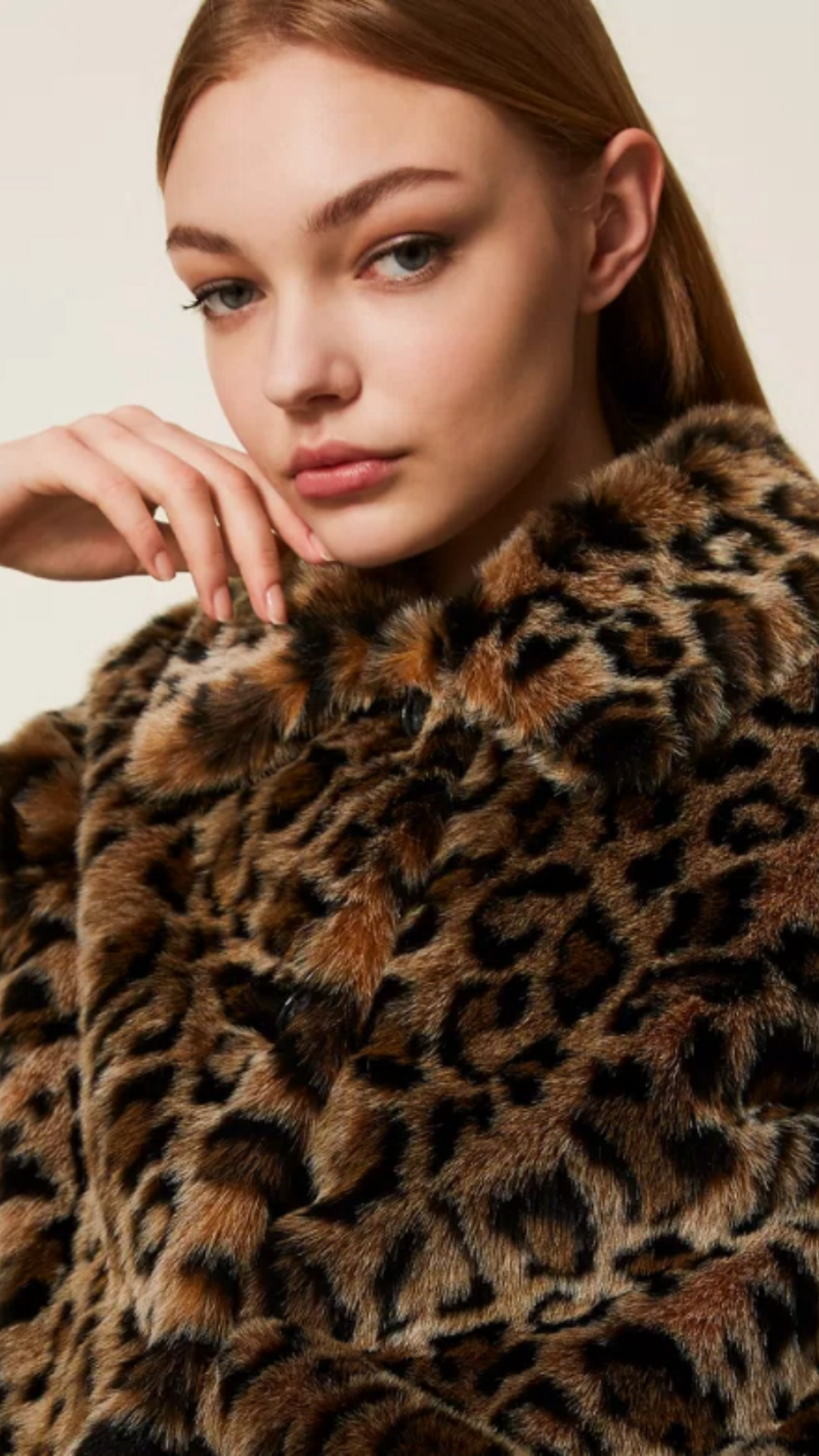 Animal print faux fur coat