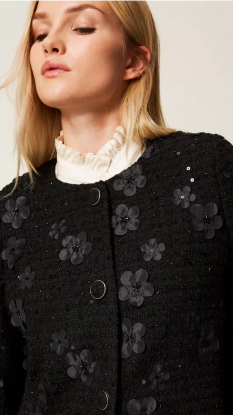 Bouclé coat with flowers and sequins