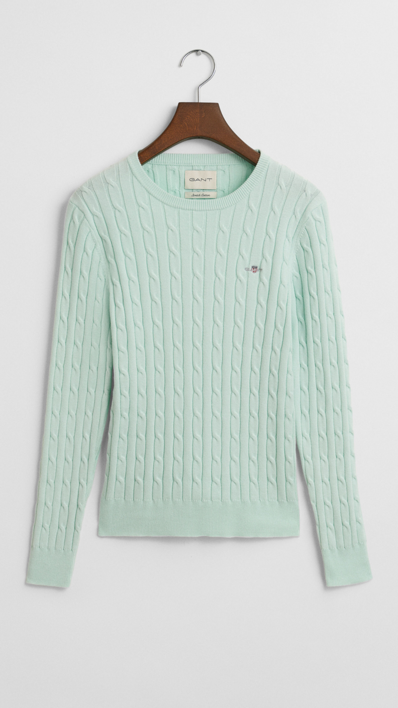 Stretch Cotton Cable Knit Crew Neck Sweater