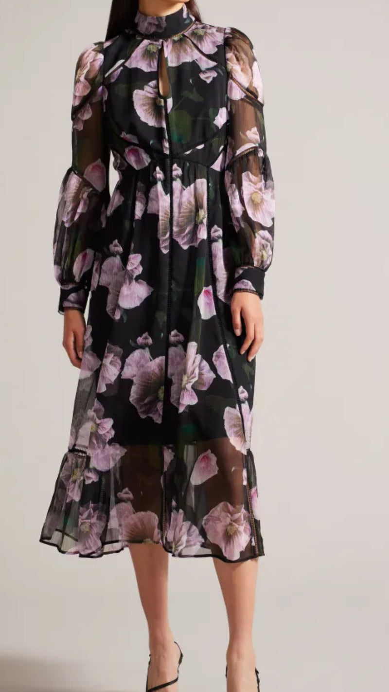 Ted Baker Pohlley Floral Midi Dress With Ladder Lace