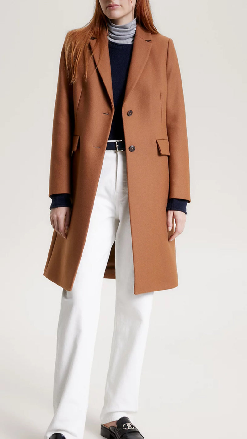 Tommy Hilfiger Classic Single Breasted Wool Coat in Natural Cognac