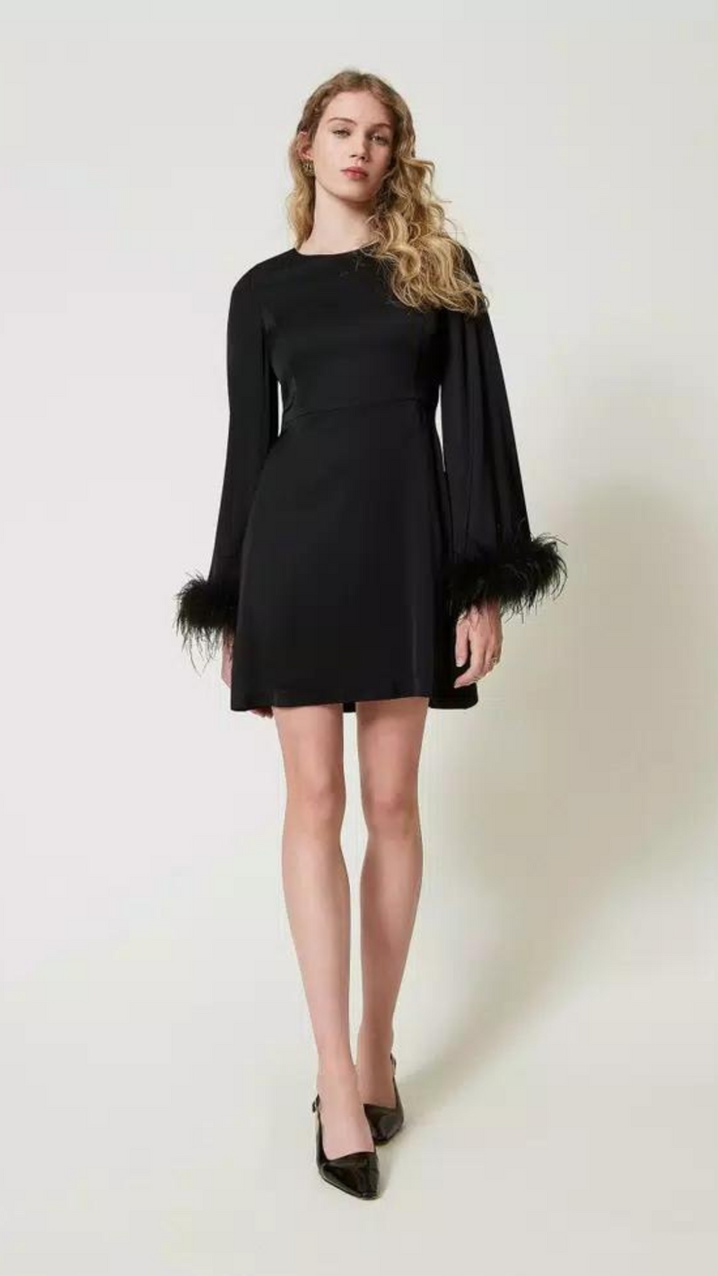 Short Satin Dress with Feathers