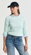 Stretch Cotton Cable Knit Crew Neck Sweater