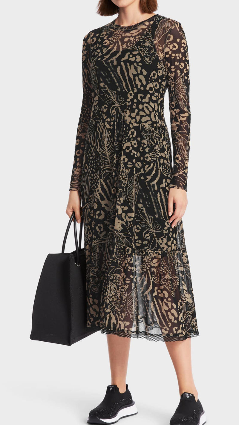 Long printed tulle jersey dress