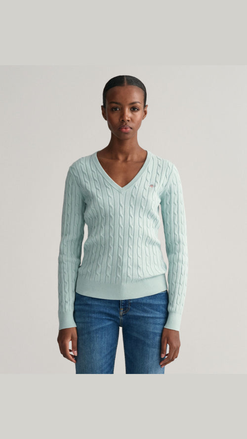 Stretch Cotton Cable V-Neck